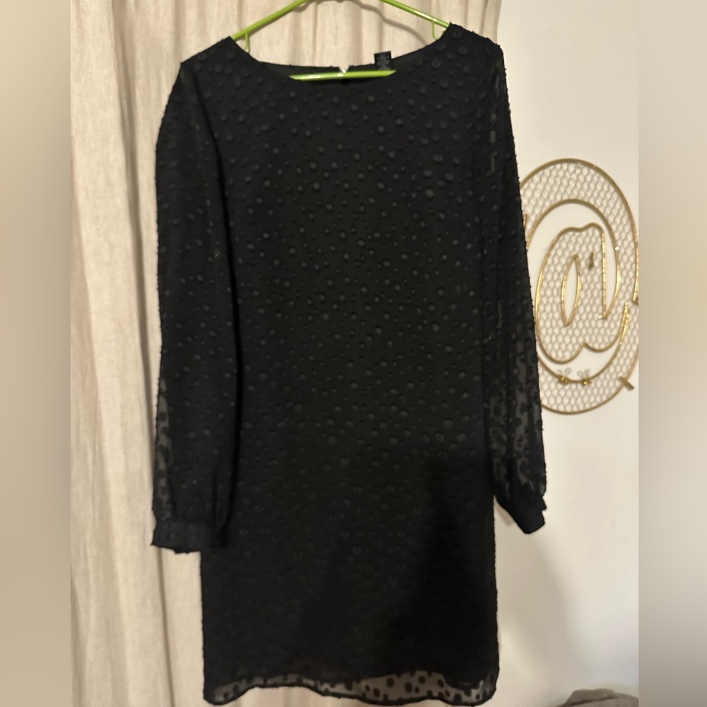 Long sleeve black shift dress with bubble print overlay